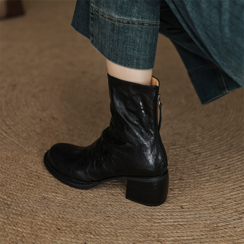 High Heel Round Toe Genuine Leather Martin Boots for Women - 6cm Slim Ankle Boots in Black for Autumn/Winter Fashion