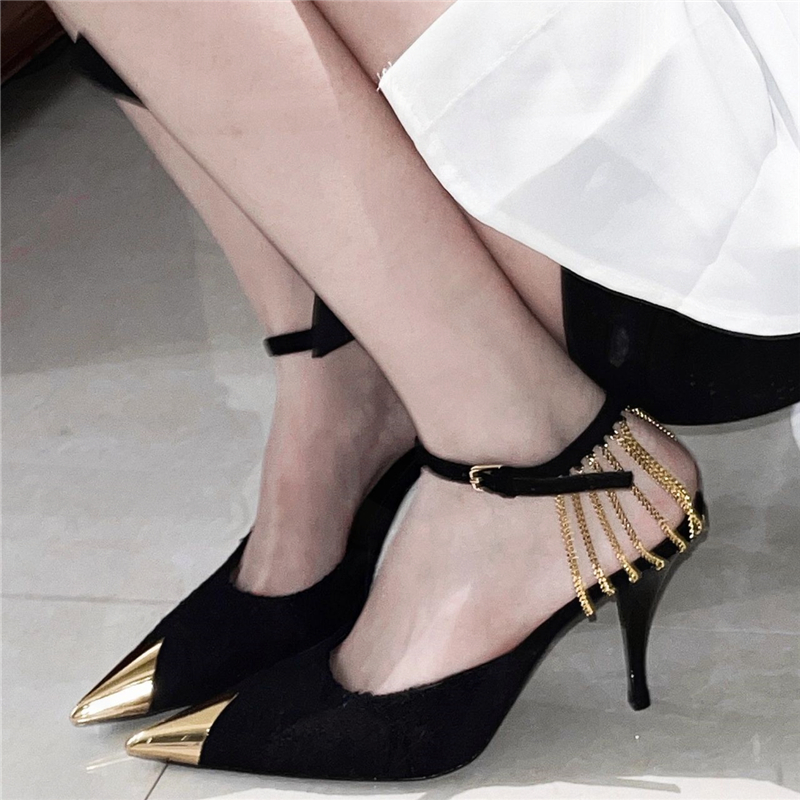 High Heels for Women - 2023 Gold Chain Thin Heel One-Strap Sexy Sandals in Rose Park Chae-young Style