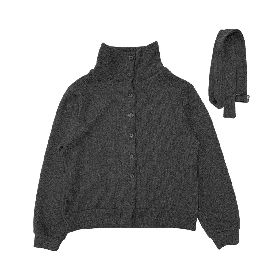 High-Neck Button Knitted Long Cardigan with Unique Strap Design - Loose Fit Street Style Coat for Trendy Looks
