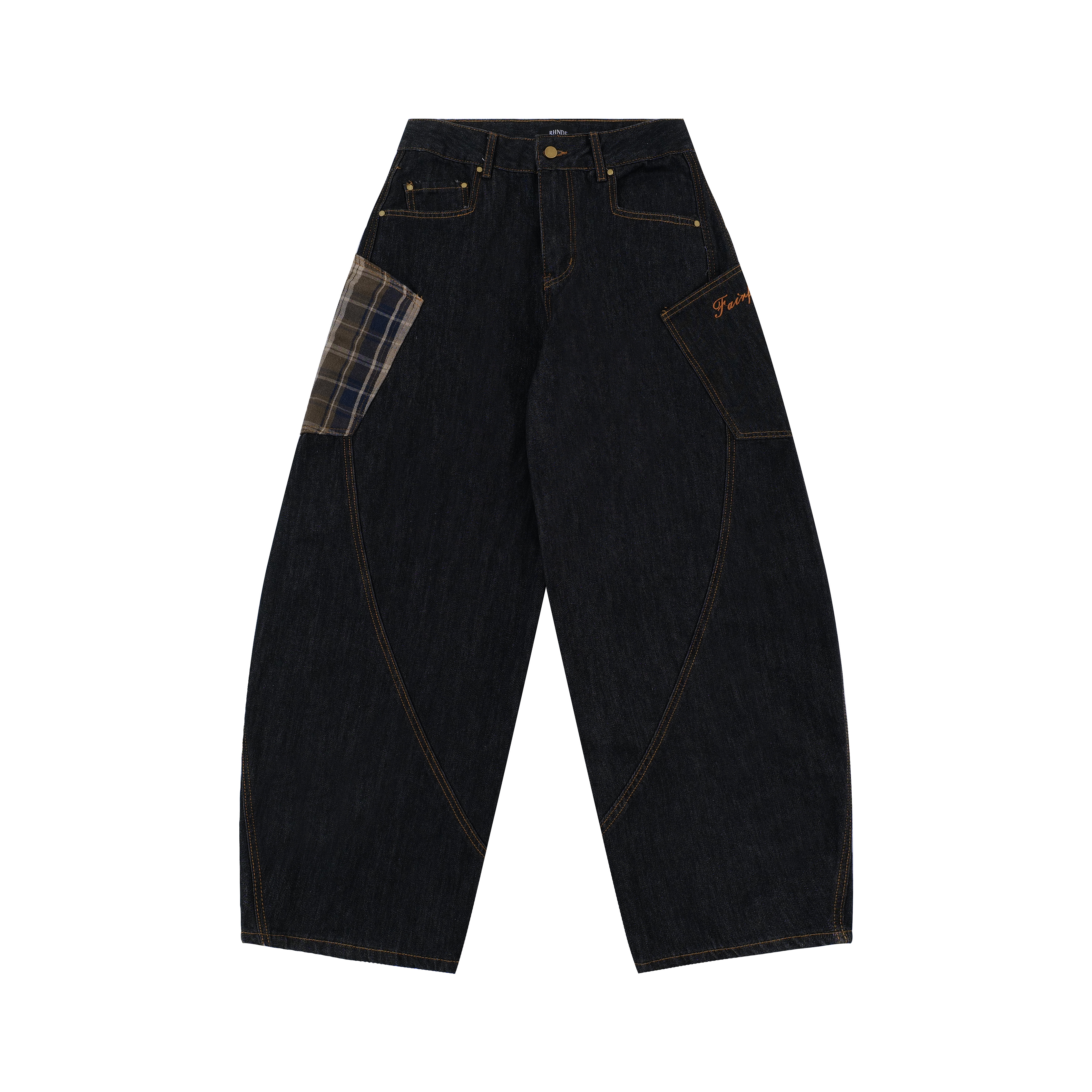 High Street Vibe Wide-Leg Denim Pants with Big Pocket Patchwork and Curved Knife Detail, Hip-Hop Inspired American Plaid Design