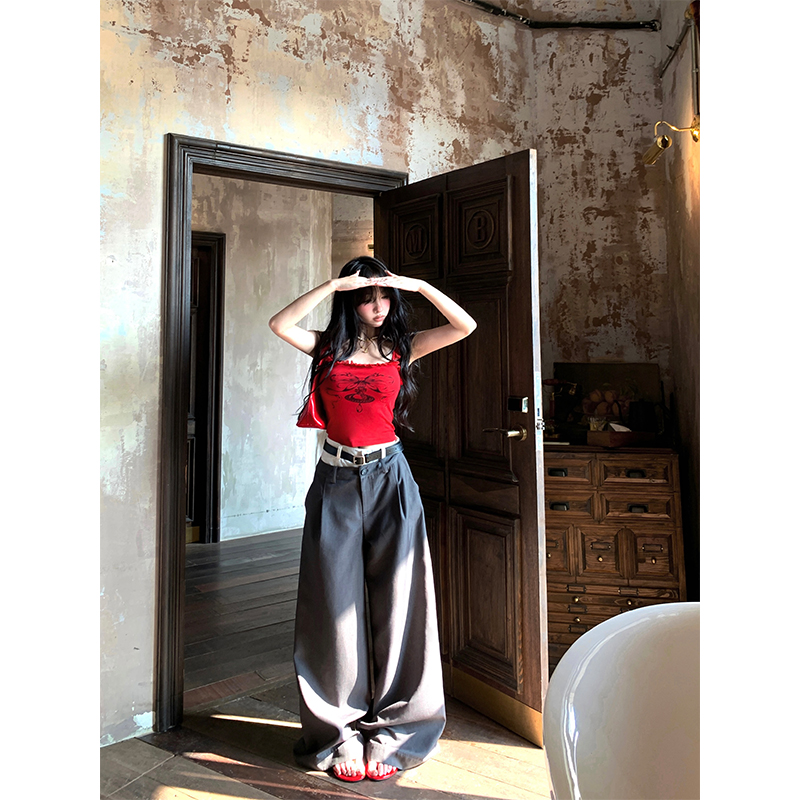 High Waist Slim Straight Loose Casual Pants for Women - Vintage Wide Leg Floor-Length Trousers, 90s Style Fashion Trousers