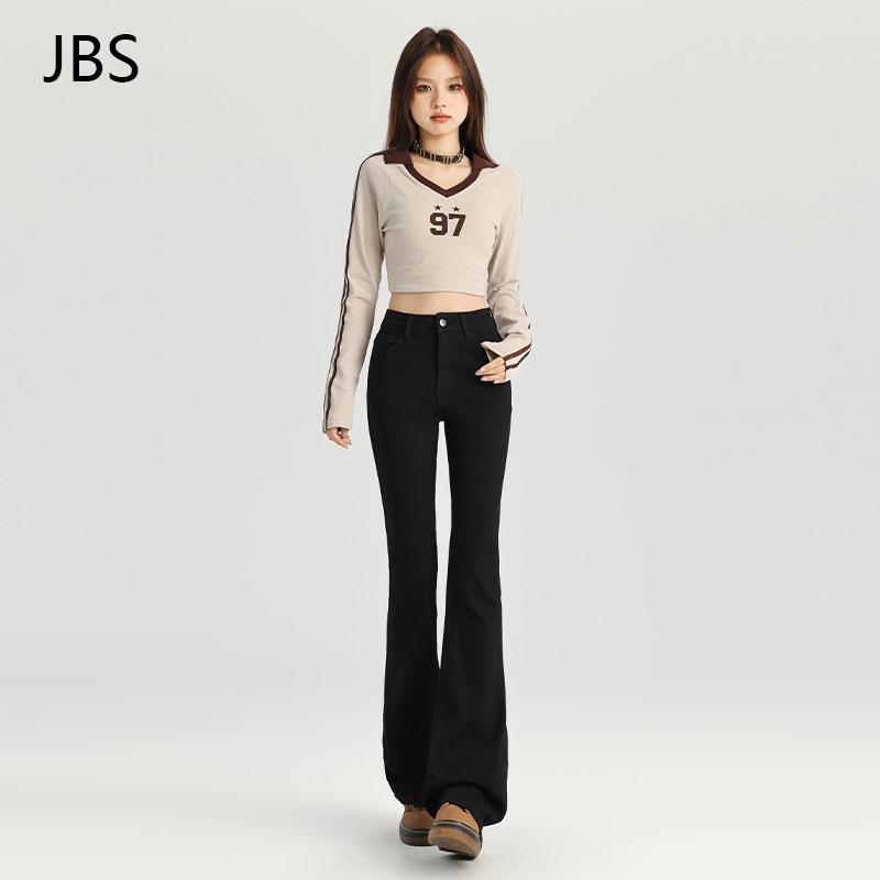 High-Waisted Black Fleece-Lined Flared Jeans for Women, Slimming Petite Fit, 2024 Autumn Winter Bell-Bottom Pants