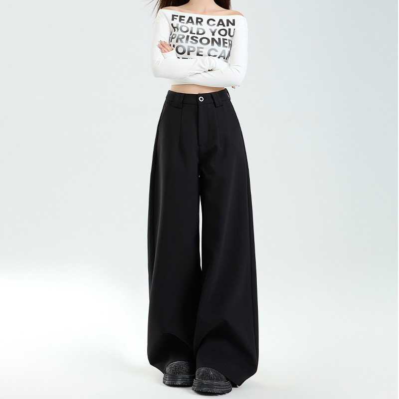 High-Waisted Black Wide-Leg Trousers for Women, Plush Loose-Fitting Straight-Leg Casual Pants for Autumn Winter 2024