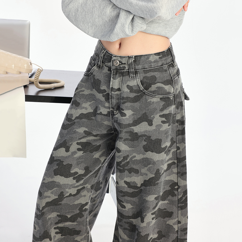 High-Waisted Cargo Wide-Leg Camouflage Jeans for Women - American High Street Style, Loose-Fit Casual Pants for Autumn 2024