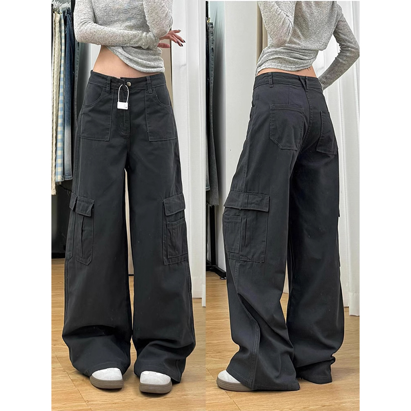High-Waisted Dark Gray Wide-Leg Denim Work Pants for Women, Vintage Loose-Fitting Summer Style with Large Pockets