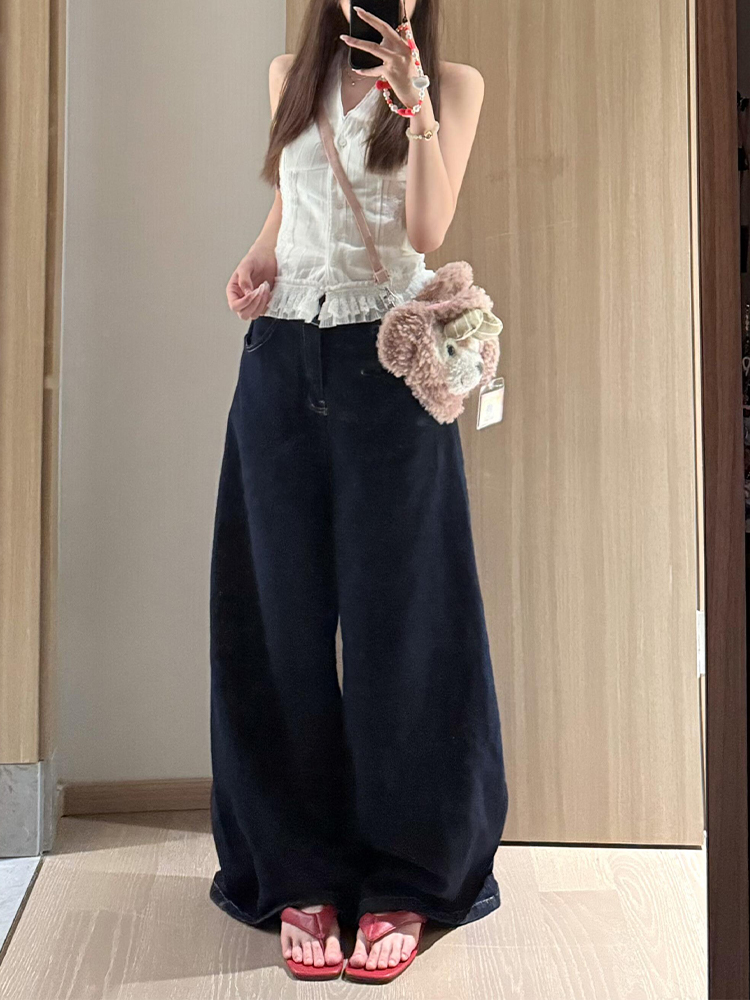 High-Waisted Deep Blue Wide-Leg Jeans for Women - Loose Draped American Style Summer Pants 2025