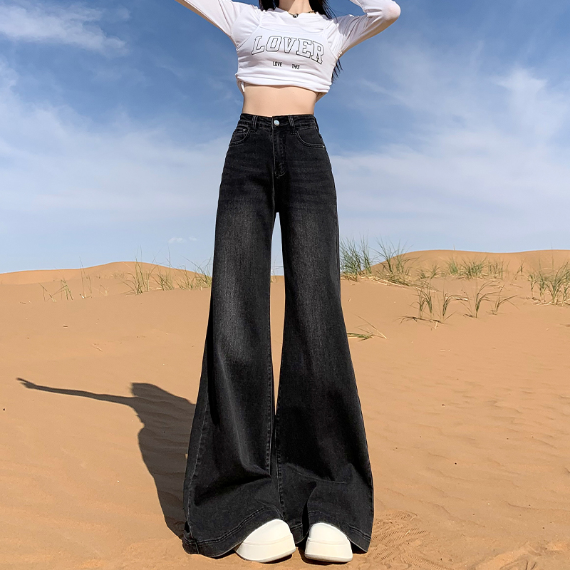 High-Waisted Fleece-Lined Black Gray Flared Wide-Leg Jeans for Women - 2024 Autumn Winter Bell-Bottom Pants