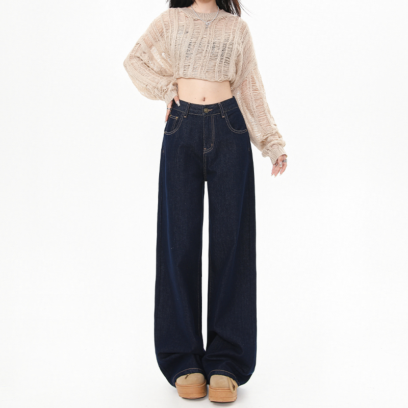 High-Waisted Fleece-Lined Wide-Leg Jeans for Women - Dark Blue, Loose-Fitting, Slimming Straight-Leg Pants for Autumn Winter 2024