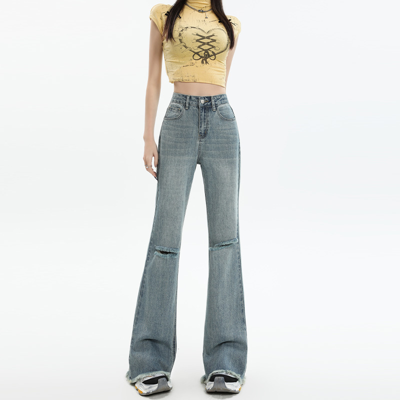 High-Waisted Frayed Hole Flared Jeans for Women - American Distressed Design, Slimming Effect, Spring Summer 2025 Fashion
