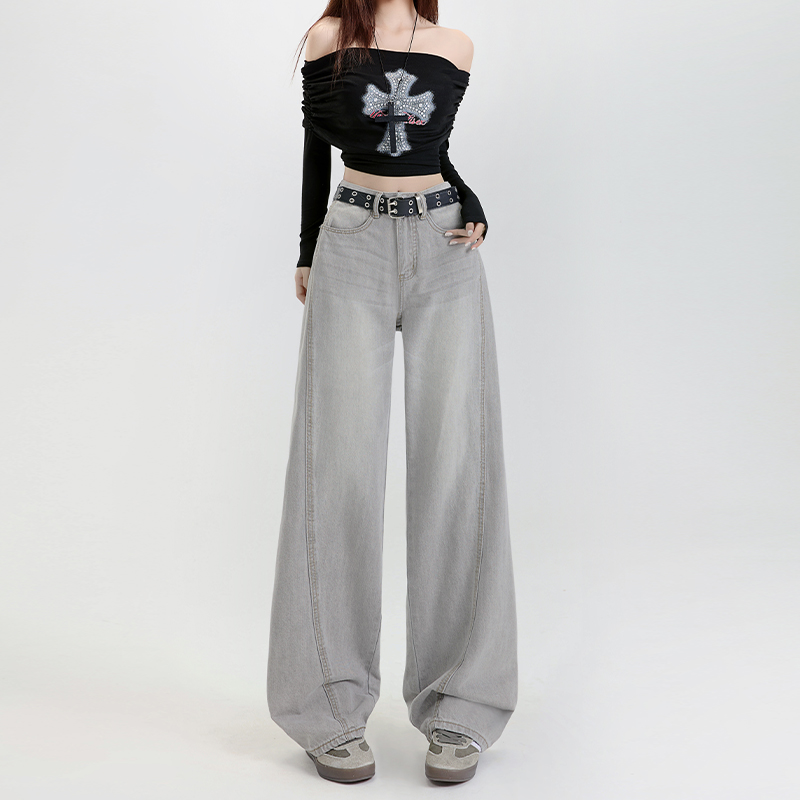 High-Waisted Gray Water-Washed Wide-Leg Jeans for Women, 2024 Autumn Winter Plush Patchwork Loose Fit Pants