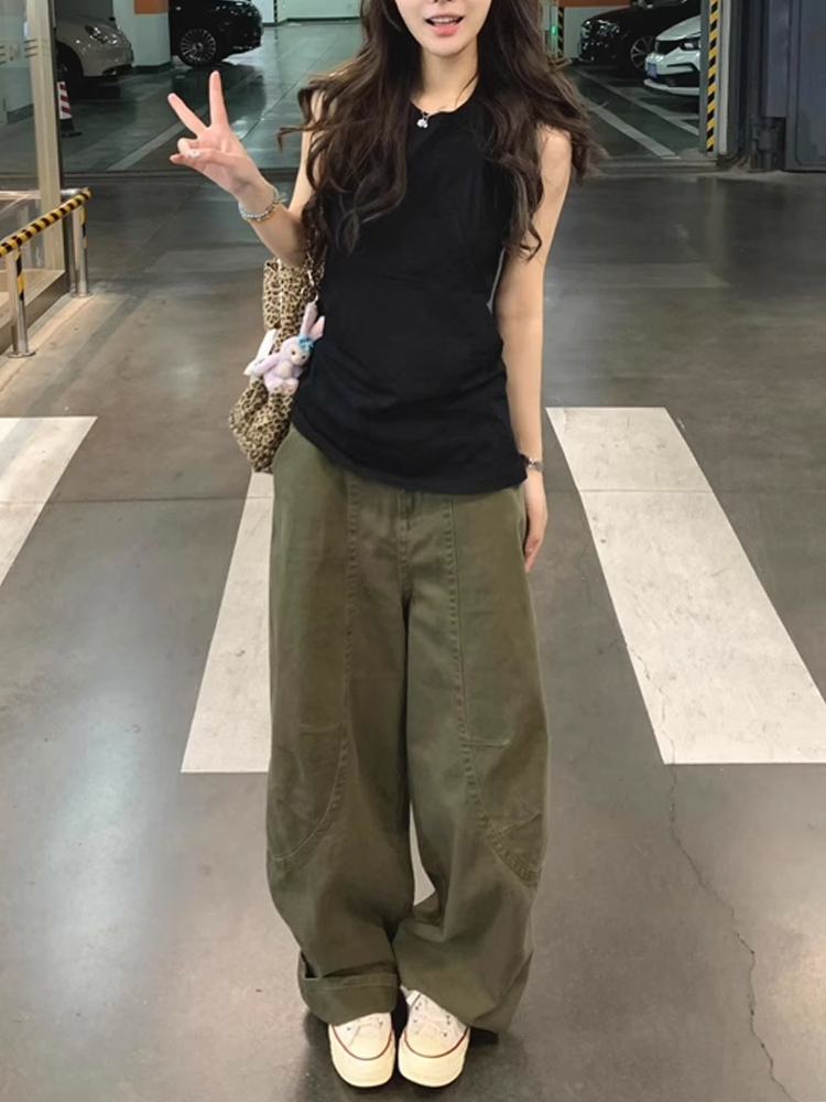 High-Waisted Green Deconstructed Curved Knife Jeans for Women – Summer Loose Wide-Leg Slim Straight Pants