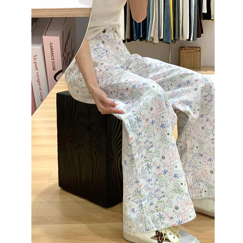 High-Waisted Japanese-Style Printed Graffiti Jeans for Women - Slim-Fit Wide-Leg Straight Pants for Spring 2025
