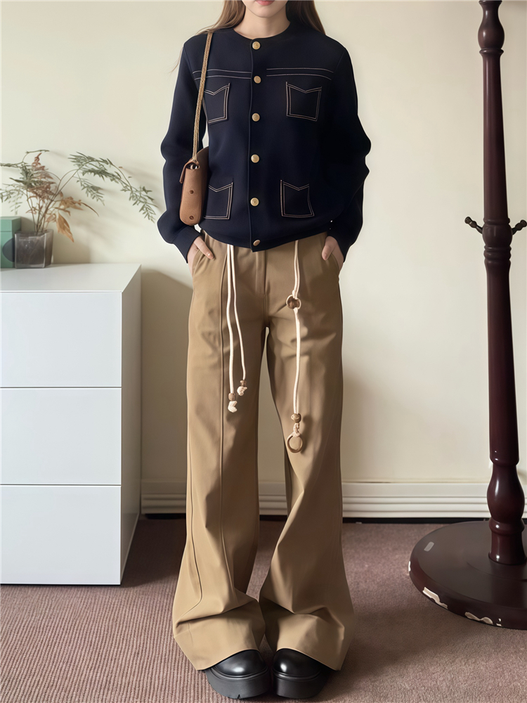 High-Waisted Khaki Straight-Leg Casual Pants for Women, Loose Wide-Leg Design, Rolled Hem, Autumn Fashion, Slimming Floor-Length Style