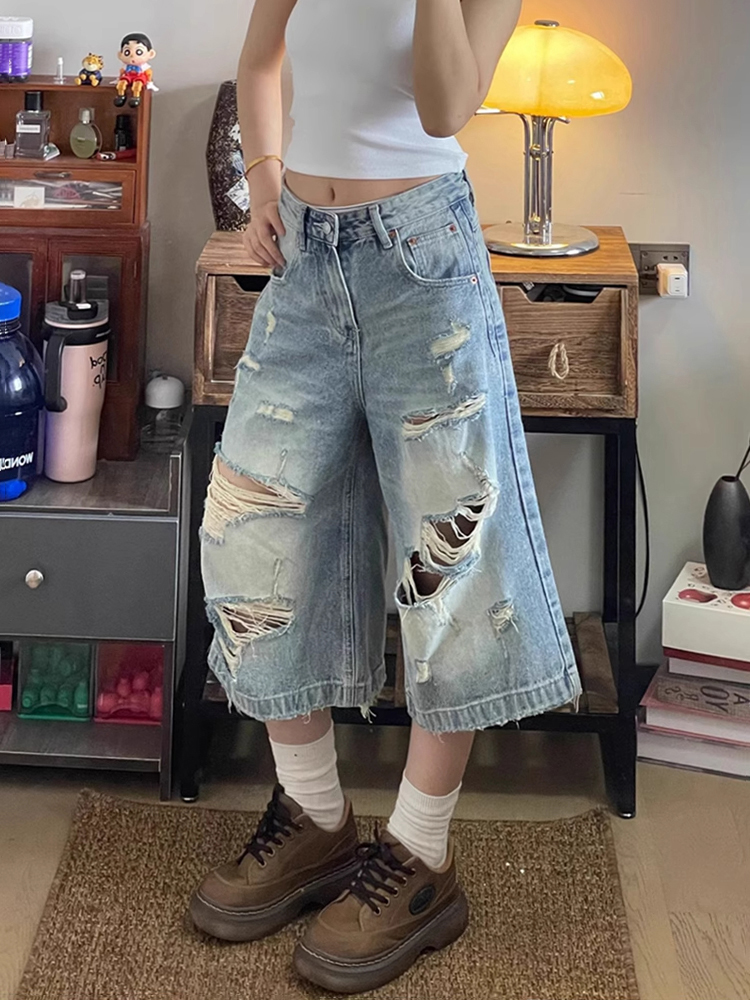 High-Waisted Light Ripped Denim Shorts for Women - Loose Wide-Leg, Versatile Summer Style, Mid-Length Straight Cut