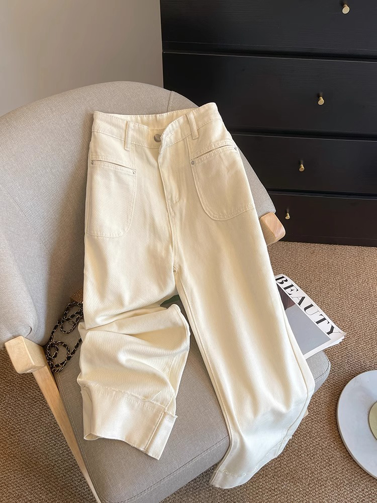 High-Waisted Minimalist Women's Summer Thin Denim Cropped Pants with Spliced Fringe - Petite Straight-Leg Style 2025