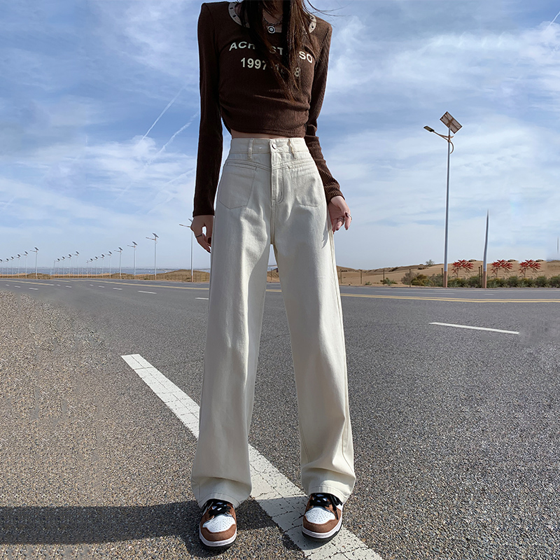 High-Waisted Off-White Wide-Leg Jeans for Women - Fleece-Lined, Loose Straight-Leg, Autumn Winter 2024 Fashion Pants