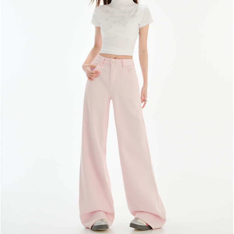 High-Waisted Pink Curved Blade Jeans for Women - Spring/Summer 2025 Slim Fit Loose Wide-Leg American Style Trousers