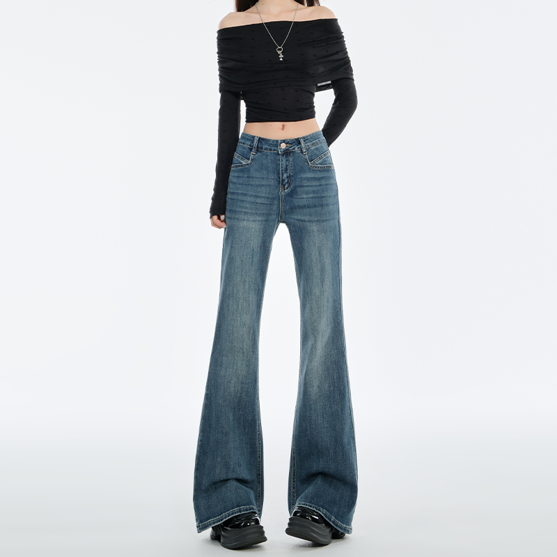 High-Waisted Retro Blue Flared Jeans for Women - 2024 Autumn Winter Slim-Fit Bell-Bottom Pants