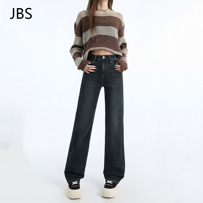High-Waisted Retro Blue-Gray Fleece-Lined Straight-Leg Jeans for Women, Slimming Loose Narrow Pants for Autumn Winter 2024