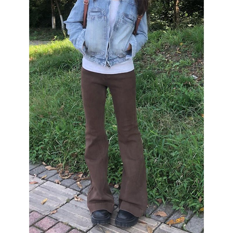 High-Waisted Retro Coffee-Colored Flared Jeans for Women - Summer Slim-Fit Versatile Straight-Leg Trousers