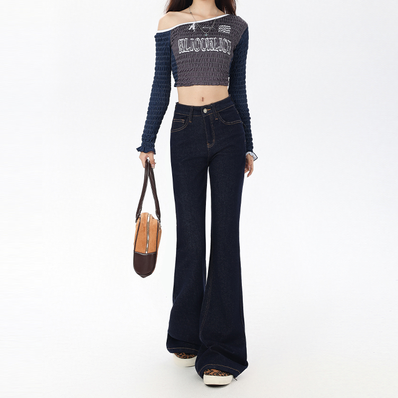 High-Waisted Retro Denim Blue Flared Jeans for Women, Fleece-Lined Slimming Floor-Length Pants, Autumn 2024 Style