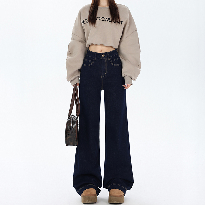High-Waisted Retro Denim Wide-Leg Jeans for Women, Fleece-Lined Casual Pants, Autumn Winter Style, Perfect for Petite Figures