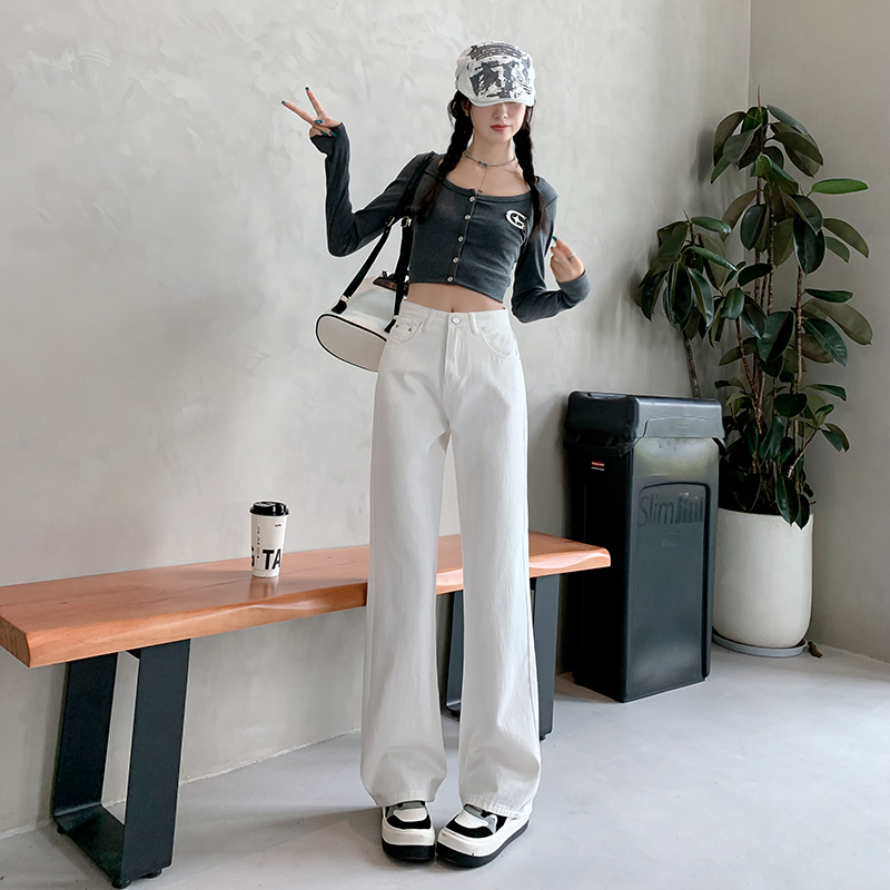 High-Waisted White Straight-Leg Jeans for Women - Plush Loose Wide-Leg Pants for Petite Sizes - 2024 Autumn Winter Fashion