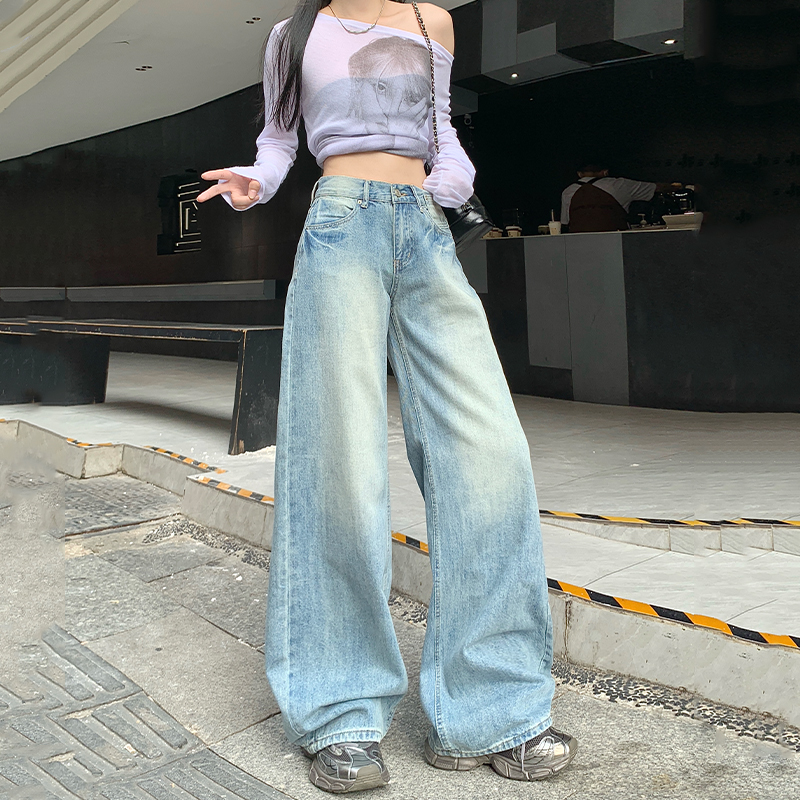 High-Waisted Wide-Leg Jeans for Women - American Retro Style, Versatile Spring 2025 Washed Straight-Leg Pants