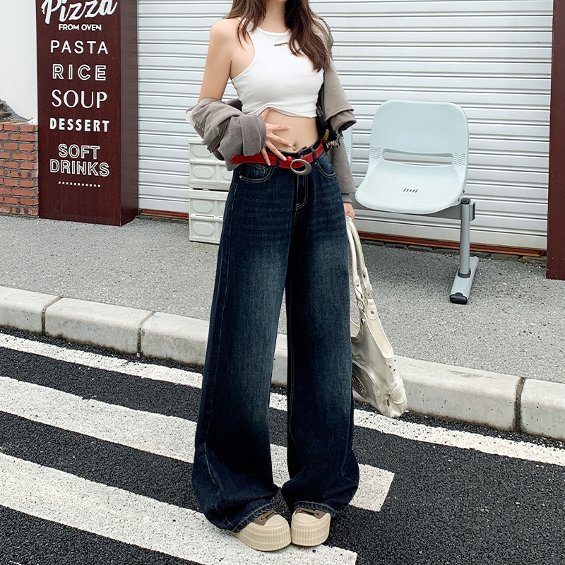 High-Waisted Wide-Leg Jeans for Women, 2024 Thickened Fleece American Style High Street Loose Straight Leg Floor-Length Pants
