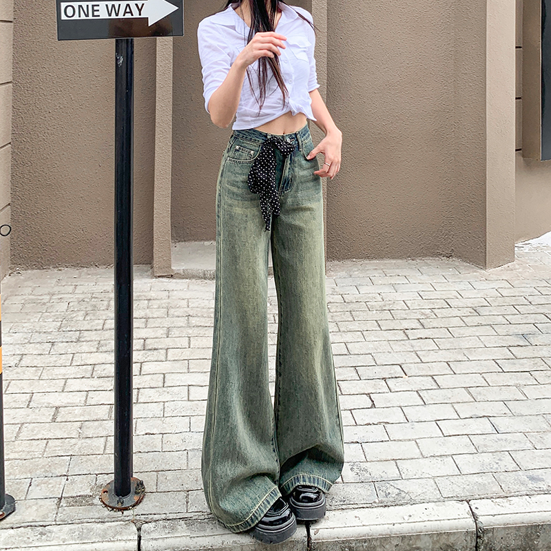 High-Waisted Wide-Leg Jeans for Women, American Retro Style, Fleece-Lined, Distressed Design, Loose Slimming Fit, Floor-Length, 2024 Autumn Winter
