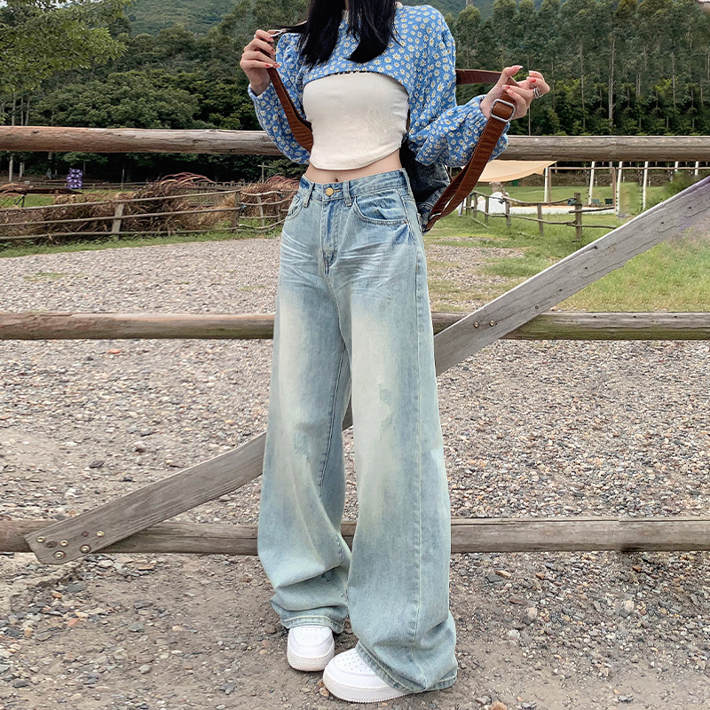 High-Waisted Wide-Leg Jeans for Women, Light-Colored Summer Style, Loose American Straight-Leg Floor-Length 2025 Fashion
