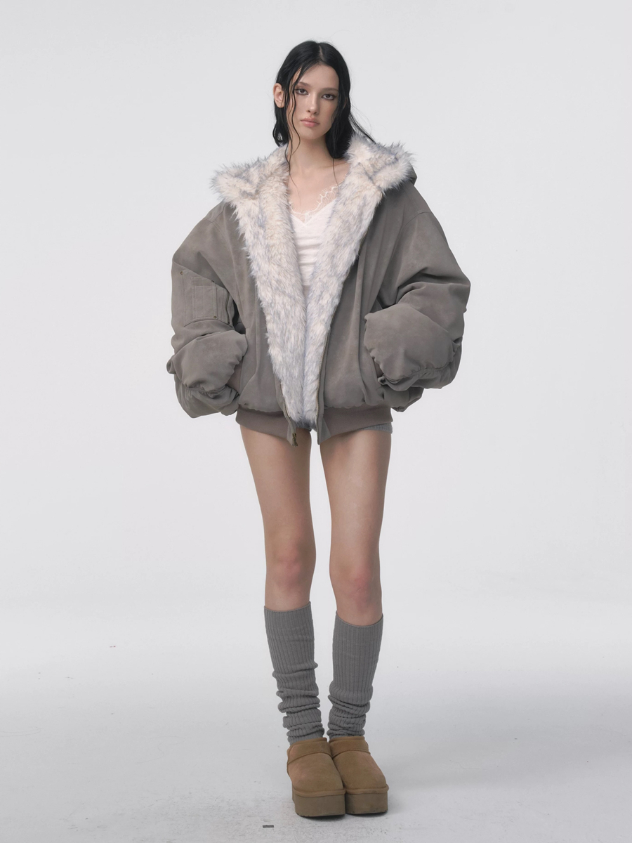 Ice Blue Dyed Pointed Collar Suede Hooded Jacket for Women, Vintage American Double-Sided Eco-Friendly Fur Coat, Winter Style