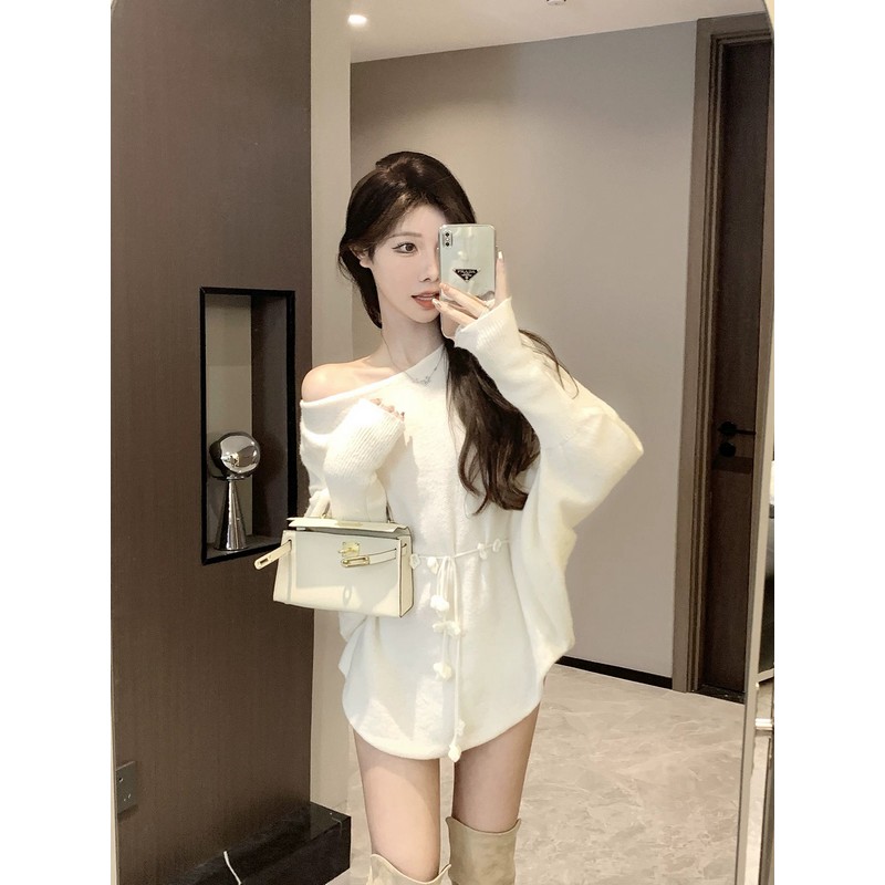 Irregular Off-Shoulder Knitted Mini Dress for Women - Loose Fit, Asymmetrical Neckline, French Style for Autumn and Winter Fashion