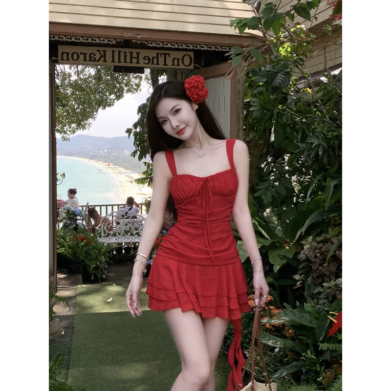 Irregular Strap Dress for Women, Waist-Cinching, Elegant Ruffle Hem, Sexy Short Skirt for Beach Vacation, Autumn & Summer Style