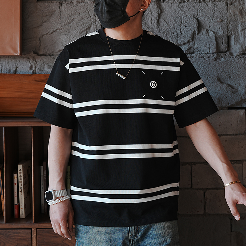 Japanese Retro Striped Short Sleeve T-Shirt for Men - Versatile Minimalist Design with High-End Embroidered Label, Y2K Style