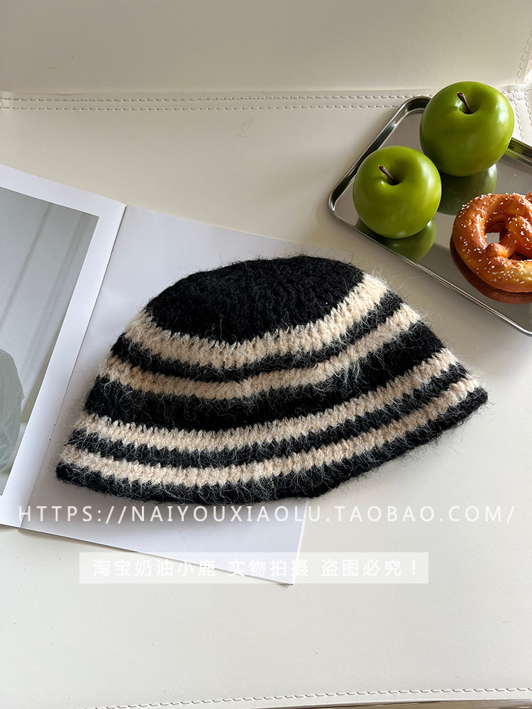 Japanese-Style Striped Plush Fisherman's Hat for Women - Winter Knitted Bucket Hat, Casual Versatile Trend