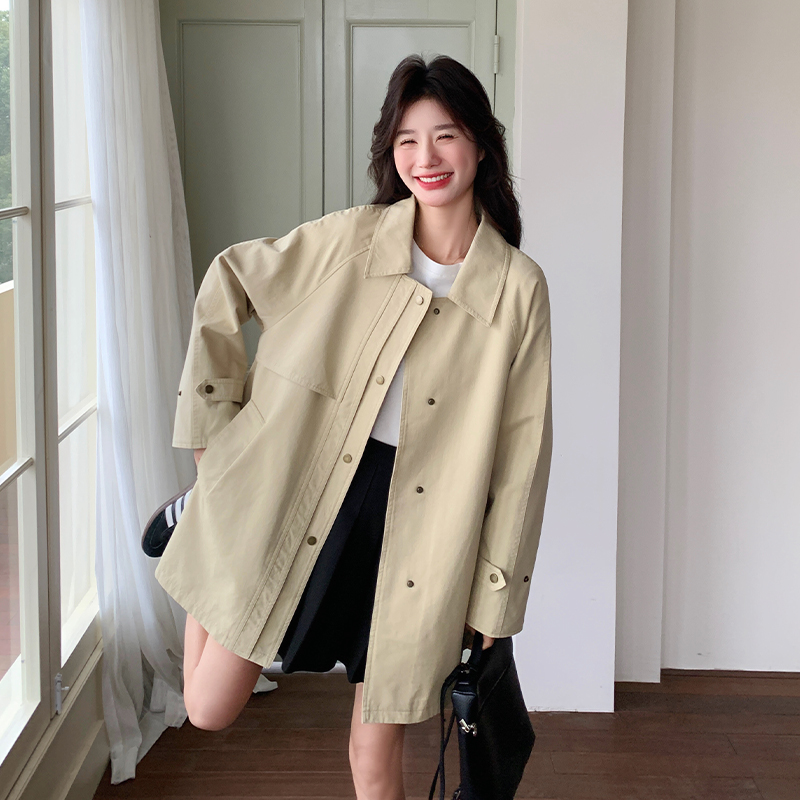 Khaki Checkered Spliced Trench Coat for Women - Short Korean Style Lapel Coat - Spring 2025 Fashion Trend