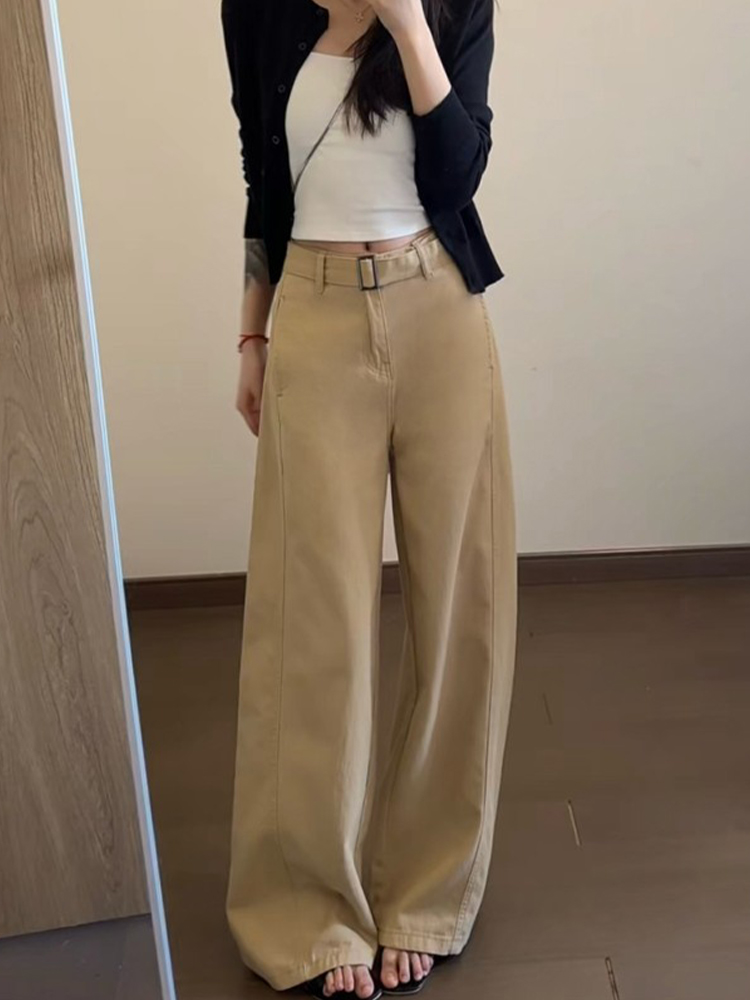 Khaki High-Waisted Wide-Leg Jeans for Women, Summer 2023 Loose-Fitting Casual Pants, Slimming Draped Style