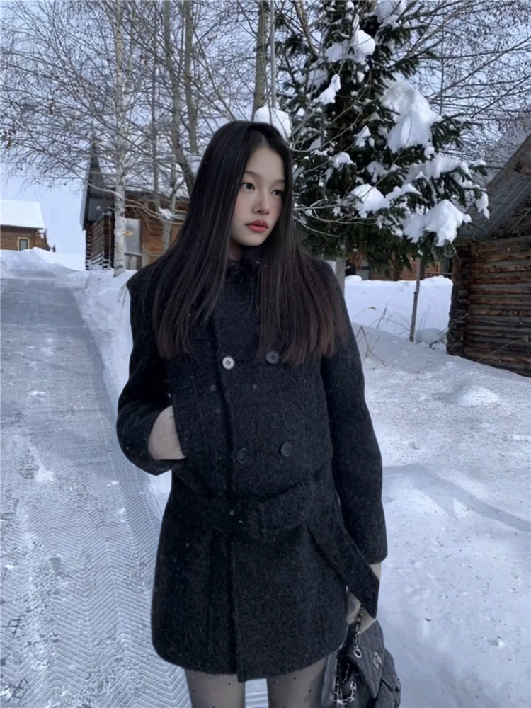 Korean-Style Black Lapel Wool Coat for Women, Double-Breasted Tie Design, French Hepburn Style, Autumn Winter Fashion for Petite Sizes