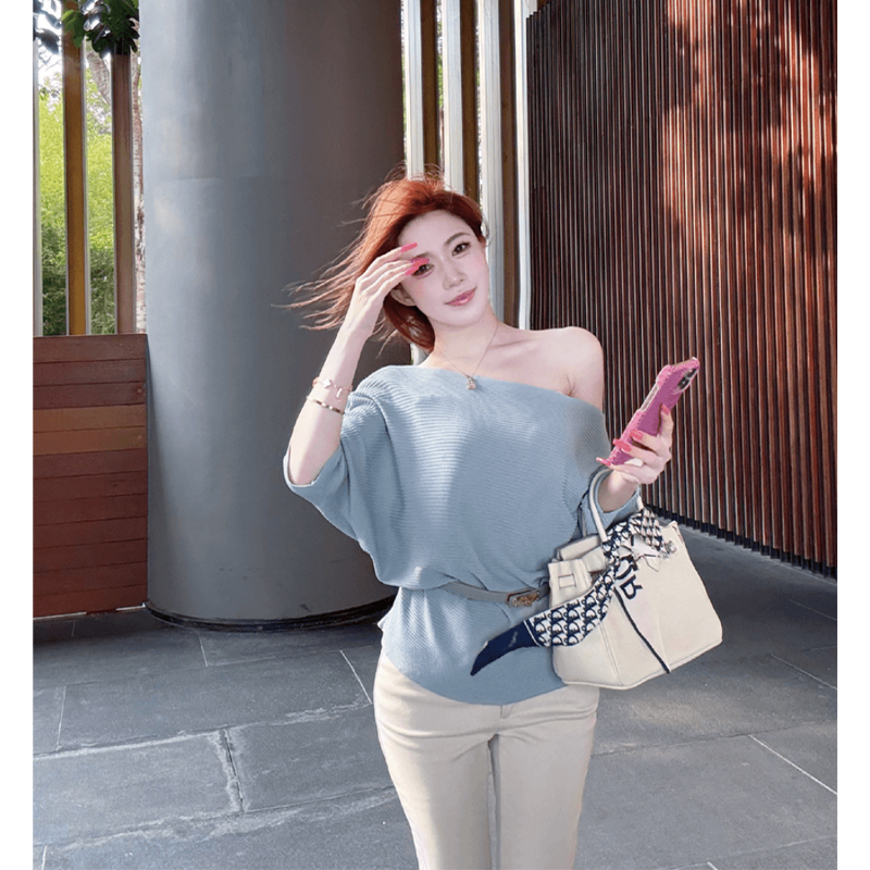 Korean-Style Blue Off-Shoulder Knitted Short Sleeve T-Shirt for Women, Summer Casual Loose Fit, Slimming Design, Trendy Y2K Top