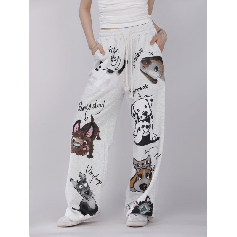 Korean Style Cartoon Printed Straight-Leg Casual Pants for Women - Autumn Winter Jazz Dance Sports Trousers
