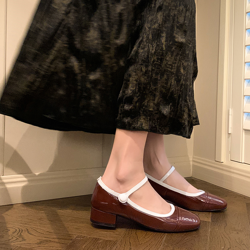 Korean Style Color-Blocking Chunky Heel Mary Jane Flats - Round-Toe One-Strap Genuine Leather Shoes, Age-Reducing Comfort