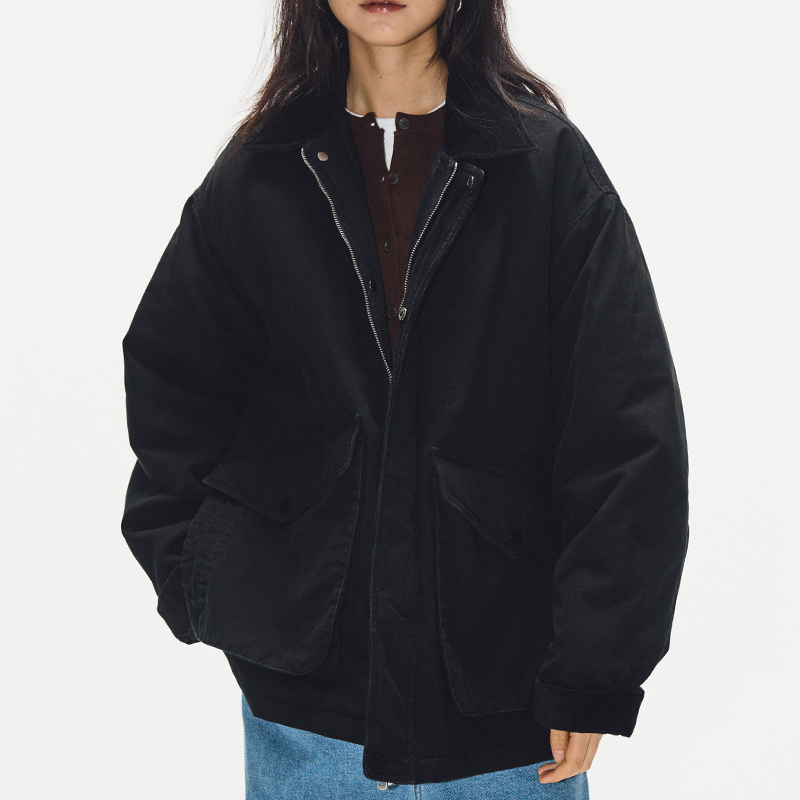 Korean Style Heavy-Duty Spliced Collar Cotton Jacket for Women - Loose Black Quilted Workwear Windbreaker Coat