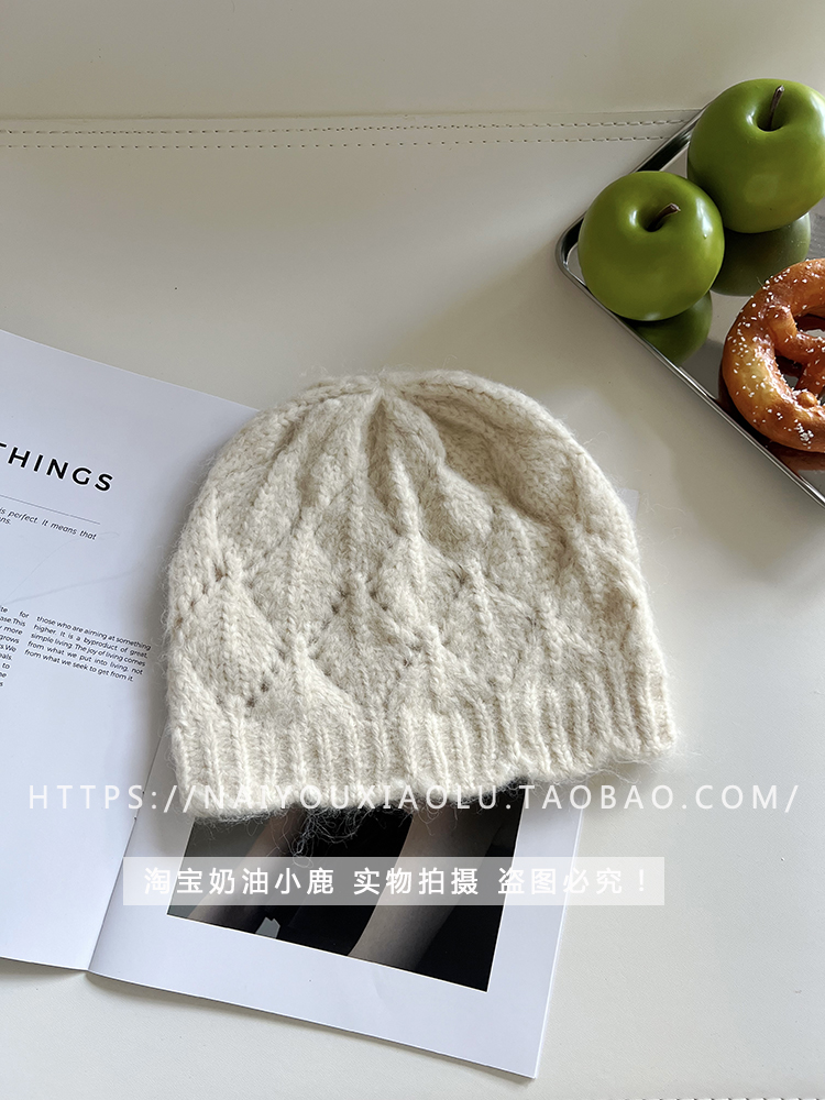 Korean Style Hollow Lace Wool Knitted Pullover Hat for Women - Winter Fashion Bagged Yarn Beanie