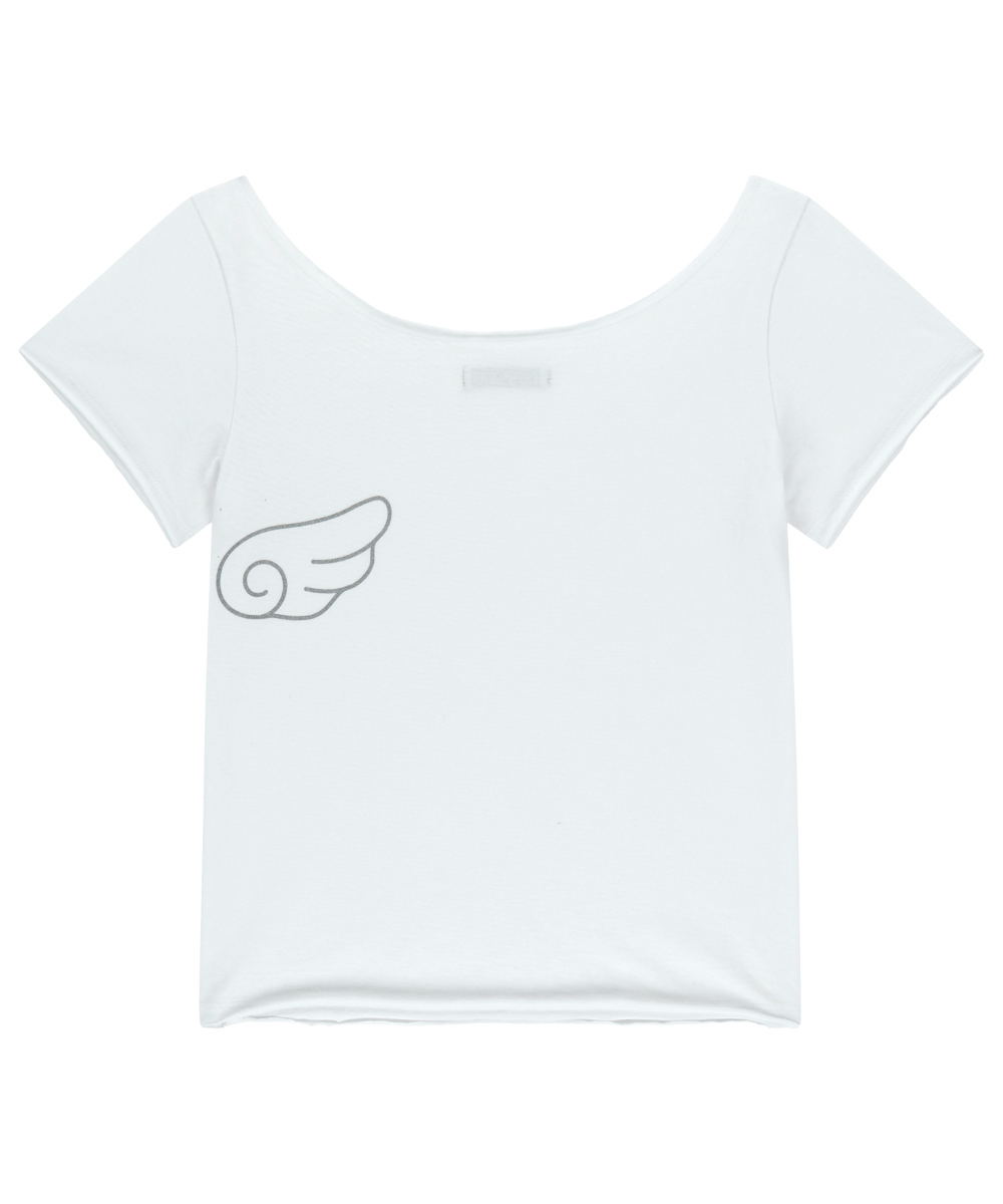 Korean Style Off-Shoulder White T-Shirt with Large Collar and Wing Print - 25ss Niche Design, Short Sleeve Fashion Top