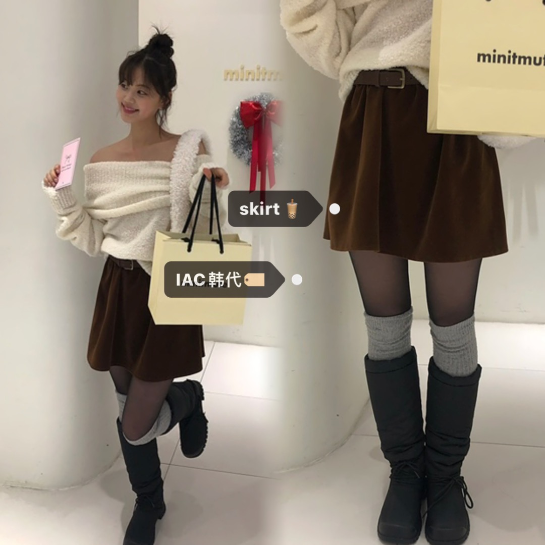 Korean Style Winter Mini Skirt Set with Waist Belt in Beautiful Matte Velvet – Trendy Fashion for Girls