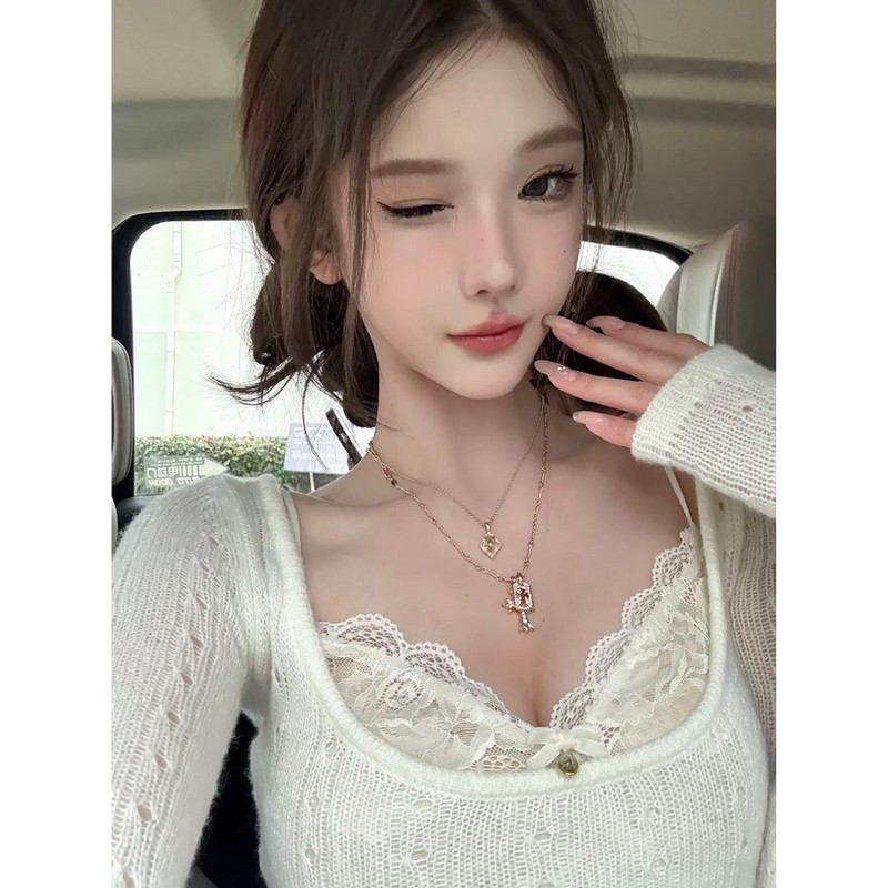 Lace Camisole Knit Top Set for Women - Slim Fit Hollow-Out Base Layer - Sexy Spring Style