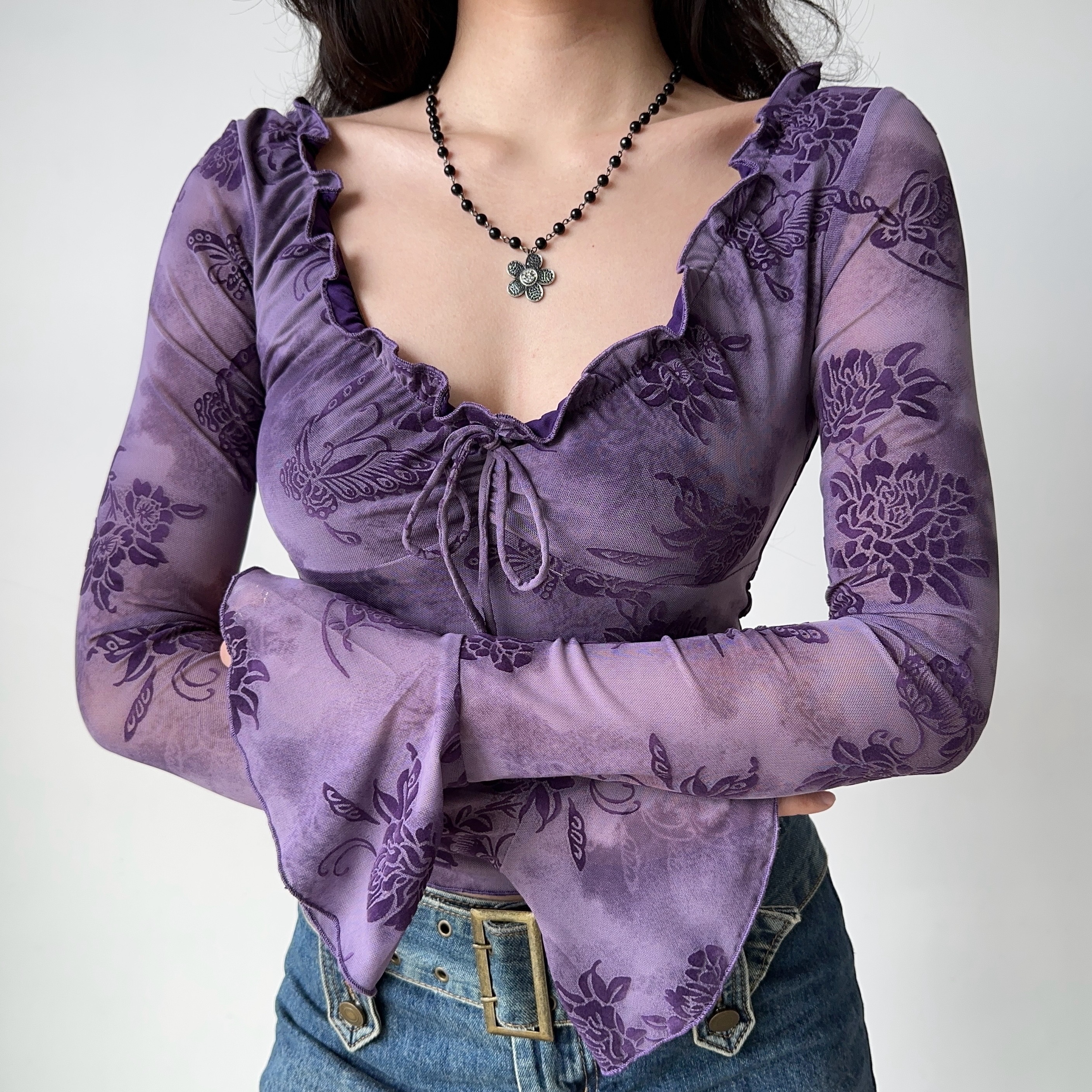 Lace-Trimmed Tie-Dye Velvet T-Shirt for Women - Slim-Fit Bell Sleeve Top in Purple, European and American Style, Y2K Fashion