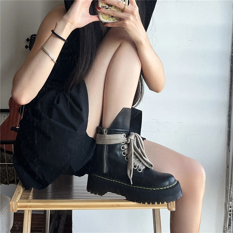 Lace-Up Thick-Soled Mid-Calf Motorcycle Boots for Women - 2023 Spring Autumn Rose Park Chae-young Style