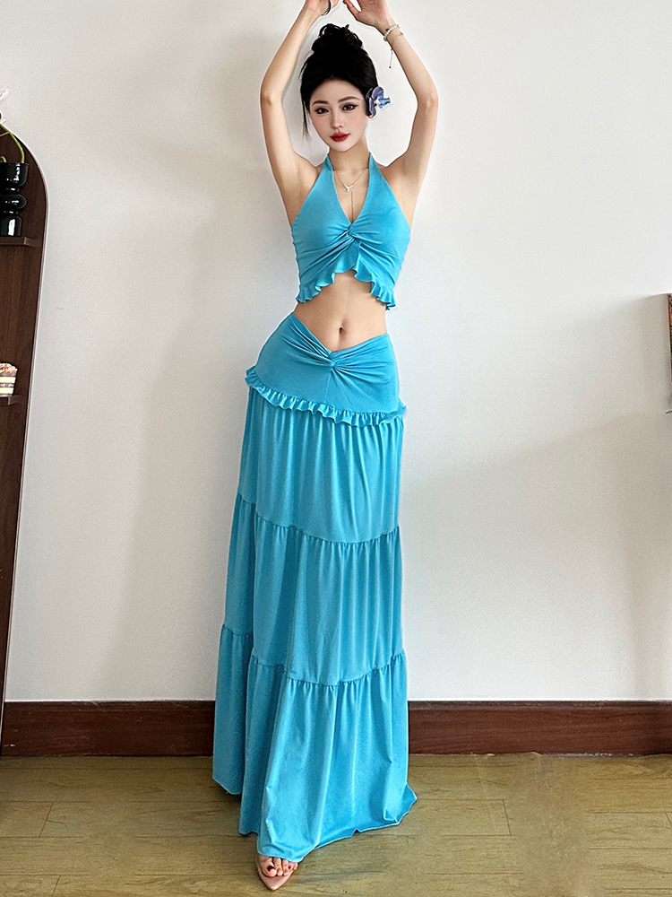 Lake Blue Lace-Up Halter Top & Low-Waist Skirt Two-Piece Set - Eccentric Vacation Style for Women, Perfect for 90s and Y2K Fashion